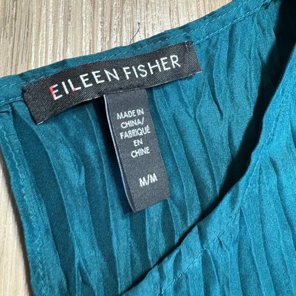 Eileen Fisher crinkle silk dress M medium Jewel Neck Tiered crushed teal aegean - Picture 5 of 9